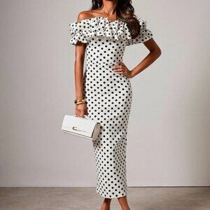 White Elegant Women's Polka Dot Print Off-Shoulder Mid-Length Dress